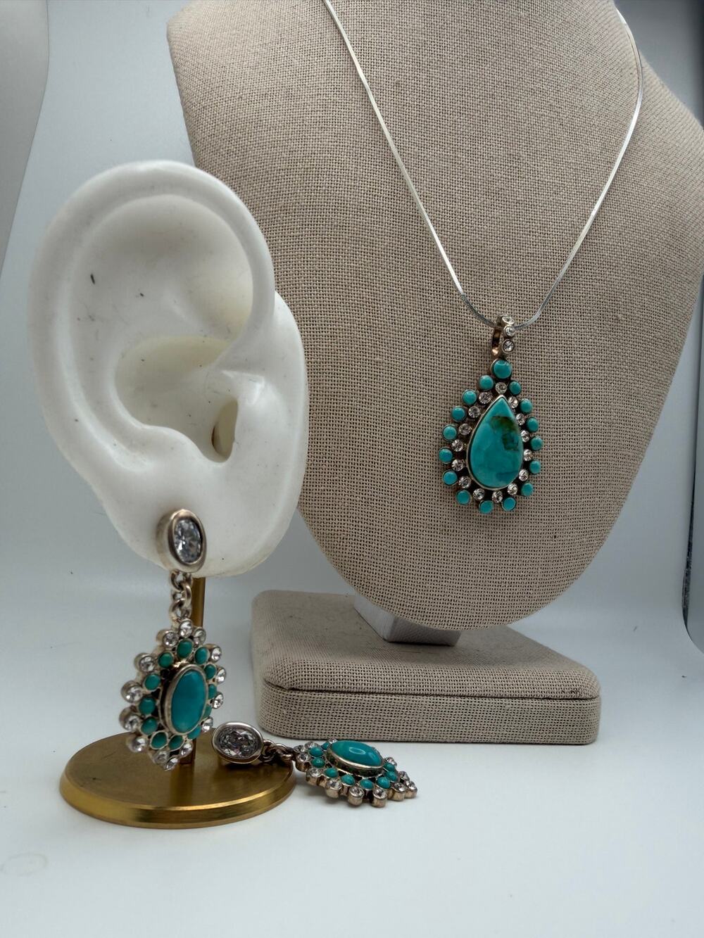 Vtg Thai Barse Sterling Silver Large Turquoise Drop Earrings and necklace